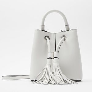 ZARA WHITE TASSEL CROSSBODY MINI BUCKET BAG
